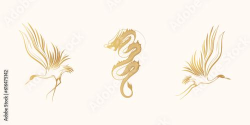 Crane and dragon. Three golden Japanese hand drawn vector illustrations isolated on white for greeting cards and posters.