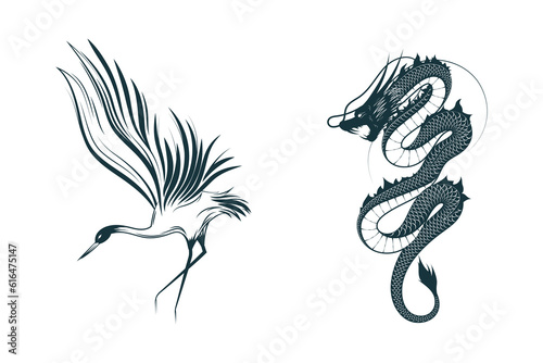 Crane and dragon. Two japanese hand drawn vector illustrations isolated on white for greeting card, tattoo and poster.