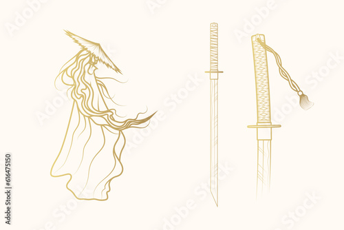 Golden samurai and katana. Japanese design elements for t-shirt, print and stickers. Hand drawn vector illustration isolated on white background.