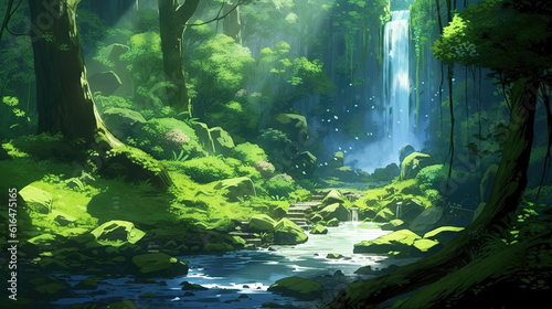 a calm and relax illustration of a forest in the middle of nowhere  anime illustration  ai generated image