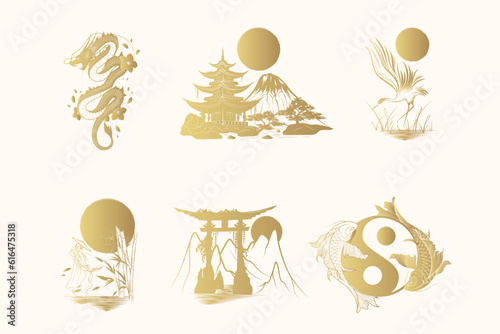 Golden Japanese art collection. Set of six design elements for t-shirt, print and stickers. Hand drawn vector illustrations isolated on white background.