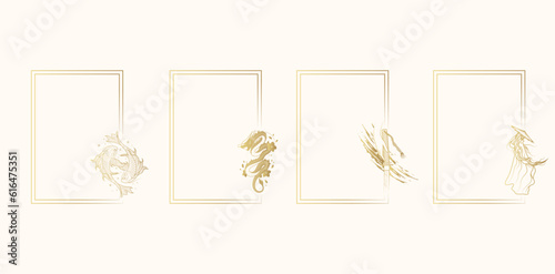 Japanese art collection. Golden set of four rectangular frames with dragon, koi fish, samurai and katana. Vector isolated borders for greeting cards and invitations.
