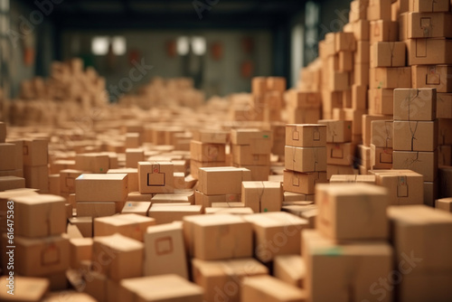 Carton boxes in warehouse. Selective focus. Shallow depth of field. ai generative