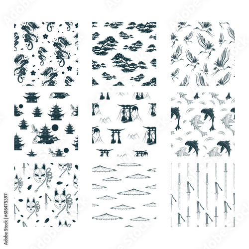 Japanese art design. Set of nine hand drawn seamless patterns. Vector backgrounds for  textile, texture and wrapping paper.
