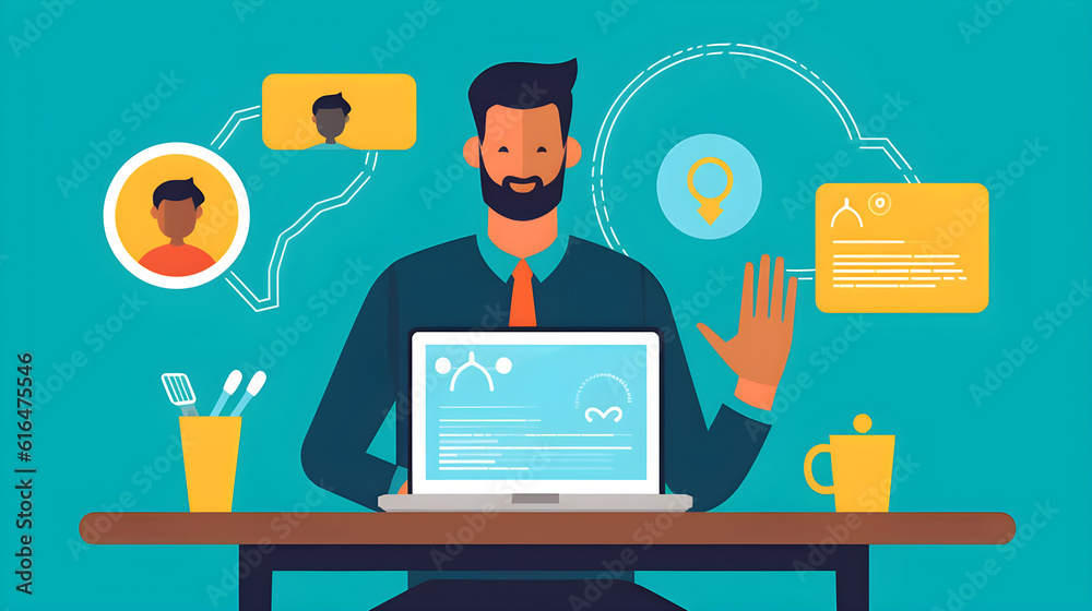 Flat illustration of a man working from home. Generativ AI Flat illustration of a man working from home. Generativ AI