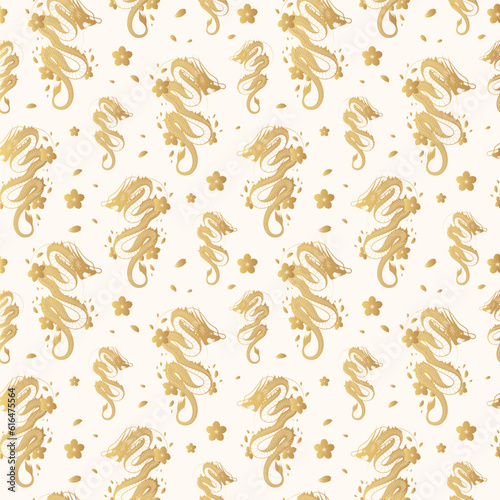 Golden mythology dragon with flowers and brushstroke seamless pattern. Vector background with oriental motives. Japanese art for textile, texture and wrapping paper.