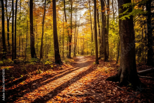 Tranquil Forest Walkway in Fall's Splendor. Generative AI