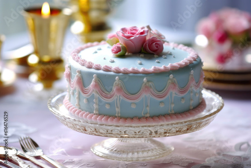 Tastefully Decorated Cake Featuring Soft Blue and Pink Frosting. Generative AI