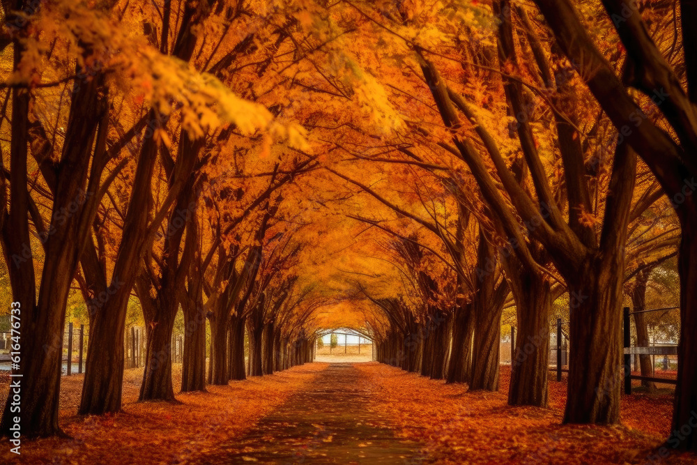 Nature's Golden Tunnel: A Mesmerizing Autumn Experience. Generative AI