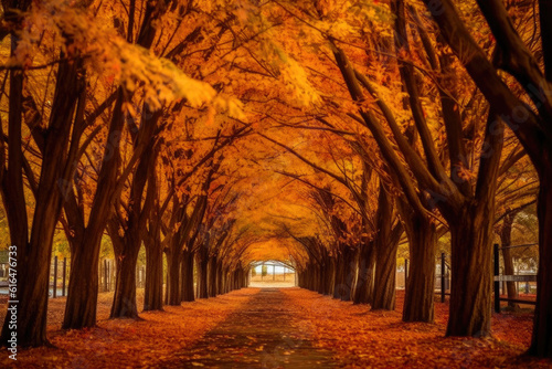 Nature s Golden Tunnel  A Mesmerizing Autumn Experience. Generative AI