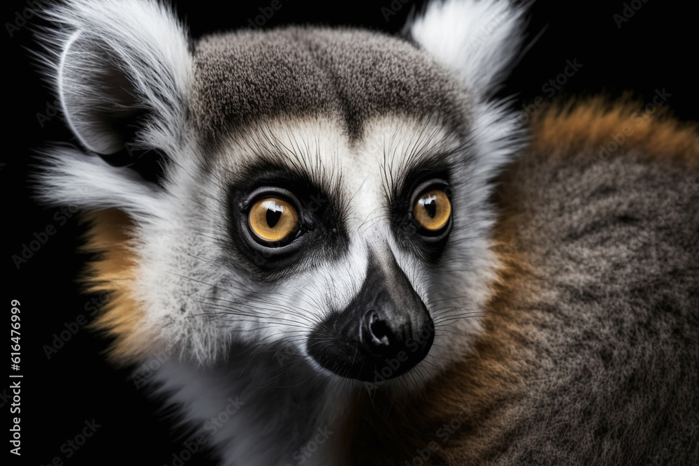 Fototapeta premium lemur head close-up on black background . Generative AI
