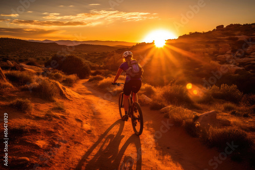 Exhilarating evening ride with a woman on her mountain bike. Generative AI