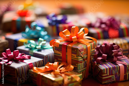 Colorful Gifts Galore: A Bountiful Stack of Presents. Generative AI
