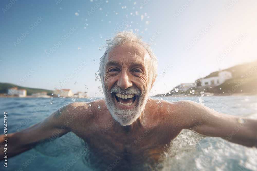 Illustration of a Happy senior man splashing in the water. Elderly man swimming in the sea.  Elderly pensioner enjoying summer vacation. ai generative
