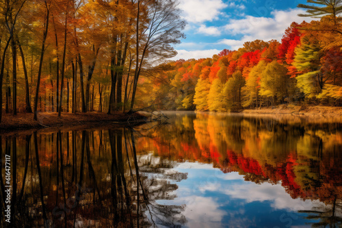 Mirror of Fall: A Serene Lake Captures Nature's Palette. Generative AI