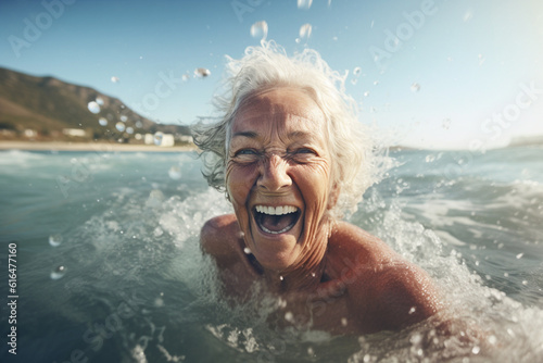 Illustration Portrait of happy senior woman splashing water in the sea on a sunny day, ai generative © mariof