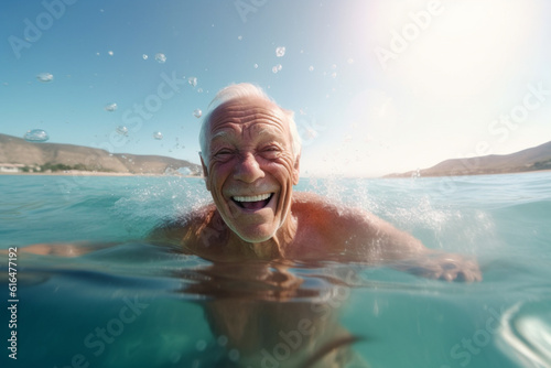 Illustration Portrait of happy senior man swimming in the sea with splashes. ai generative © mariof