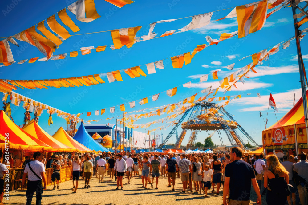 Capturing the Energy of Fest: Multicolored Flags and Lively Tents. Generative AI