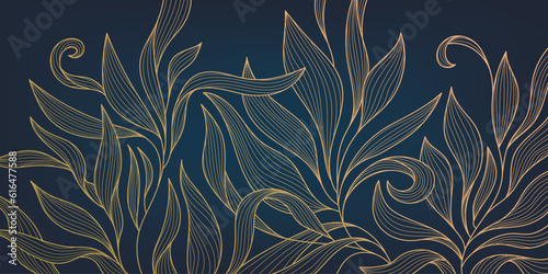 Vector golden leaves art deco wallpaper background, hand drawn pattern. Line design for interior design, textile, texture, poster, package, wrappers, gifts. Luxury. Japanese style.