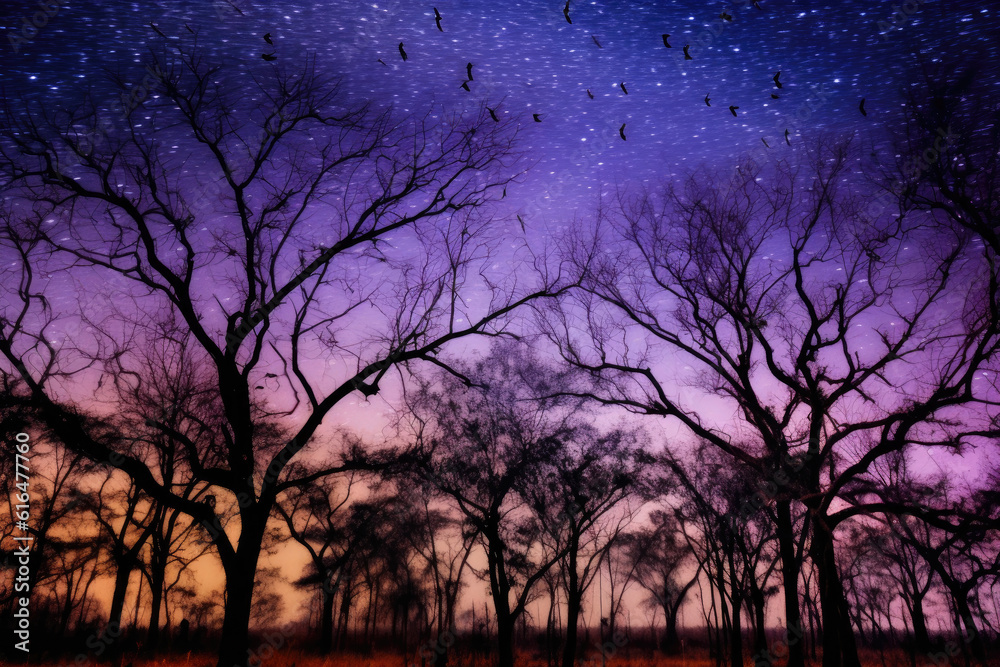Mystical Twilight: Trees and Bats Dance in the Darkness. Generative AI