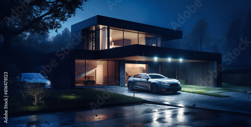 an electric car is parked in front of a house at night © Nilima