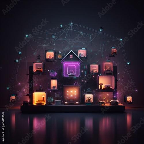 Smart home devices conection. Dark background and neon lights illustration. Home automation cover. Generative AI
