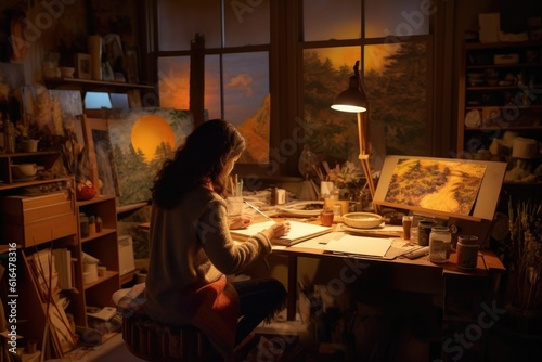 Young Female Artist Working in Her Cozy Art Studio