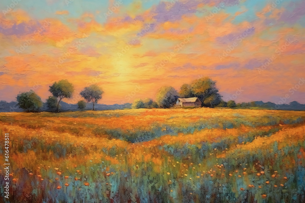 Oil painting on canvas impressionist style of field landscape with very soft pastel colors. AI generative Oil painting on canvas impressionist style of field landscape with very soft pastel colors. AI generative
