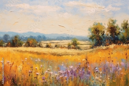 Oil painting on canvas impressionist style of field landscape with very soft pastel colors. AI generative