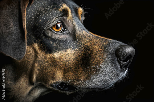 dog head close up on black background. created with generative AI technology