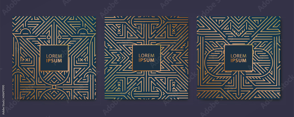 Vector set of art deco luxury patterns, geometric fancy cards, invitations, banners. Package for perfume, jewelry, wine. - obrazy, fototapety, plakaty 