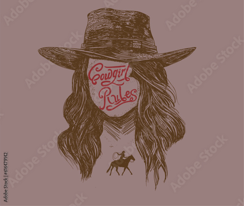 cowgirl in hat vector drawing, cowgirl riding horse vector, cowgirl rules typography design, western cowgirl vintage design, western desert design for t shirt, sticker, graphic print