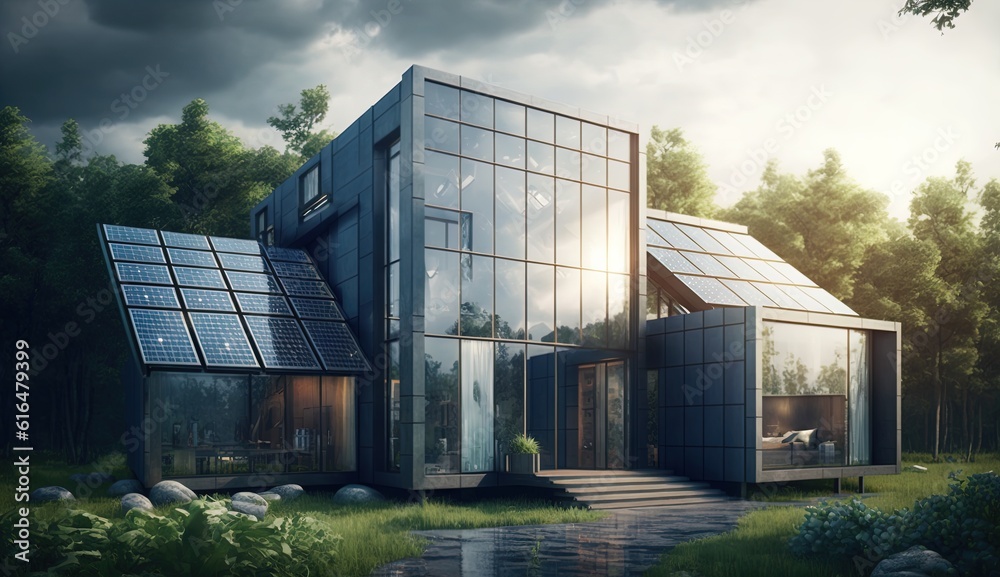 Family house with solar panels and sunrise solar energy system Sunset'