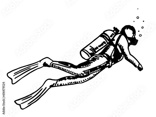 Vector Sketch style illustration of scuba diver isolated on white background. The concept of sport diving. Hand drawn vintage engraved illustration