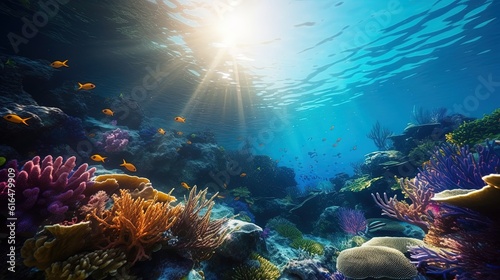 Underwater Scene With Coral Reef Underwater Blue Tropical Seabed With Reef And Sunbeam © Wanda