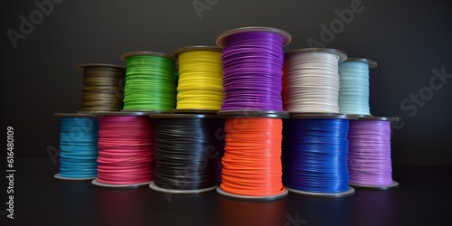 Multi-color stack of pla filament for 3d printing, concept of Additive manufacturing, created with Generative AI technology photo