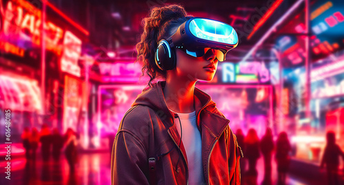 a woman standing in front of a neon light with vr glasses © Nilima