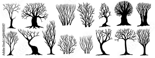 Set of silhouettes of dry trees, bushes. Vector graphics.