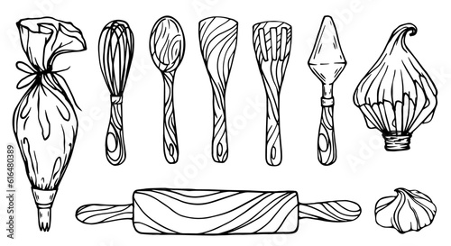 Set of sketches, doodles of confectionery tools.Vector graphics.