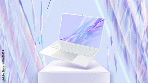 White laptop on podium with crystal glass background vector illustration