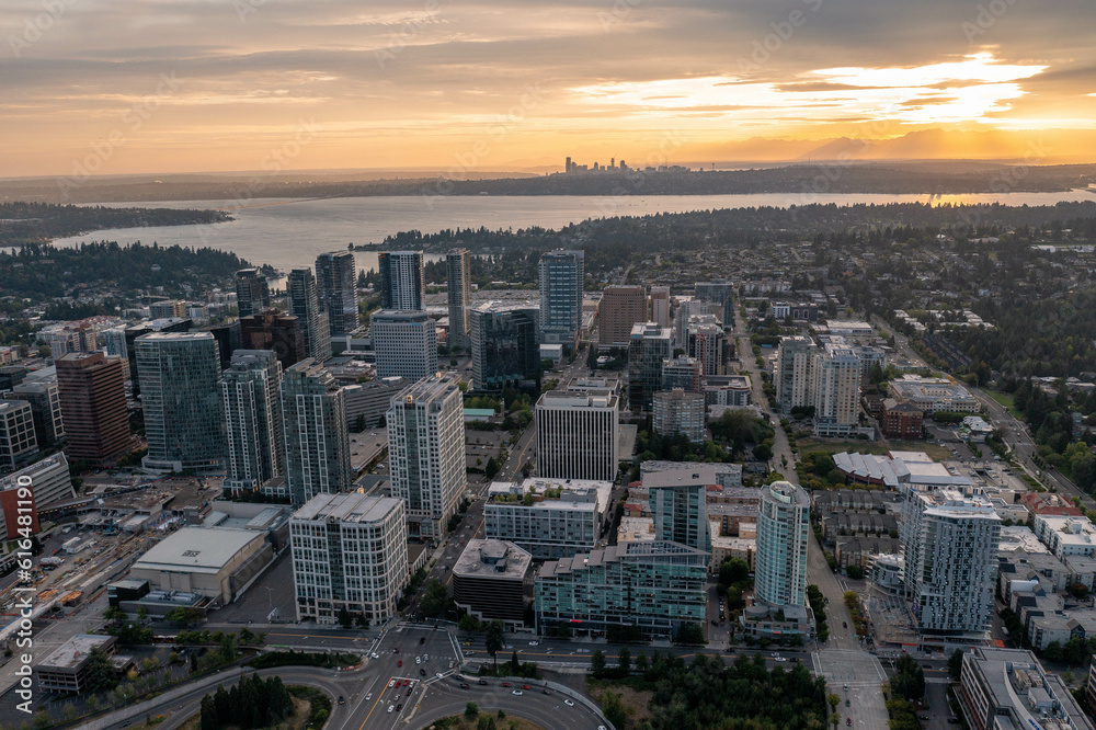 The City of Bellevue in Washington State Sunset With Dowtown Highrise in View from Above Drone Aerial Shot