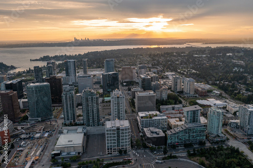 The City of Bellevue in Washington State Sunset With Dowtown Highrise in View from Above Drone Aerial Shot