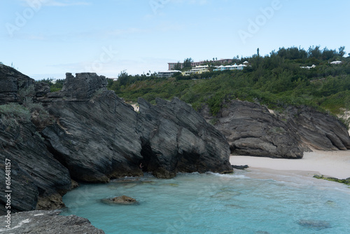 Natural Rocks Along Caribbean Island Beach on Sunny Day