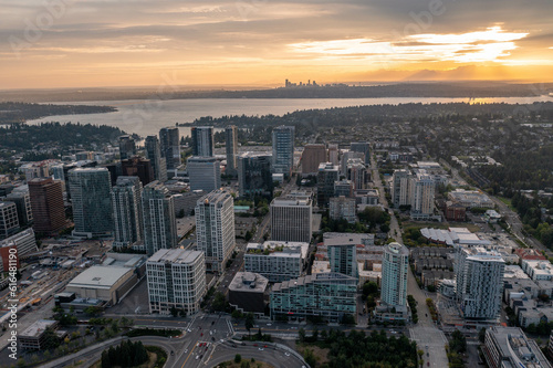 The City of Bellevue in Washington State Sunset With Dowtown Highrise in View from Above Drone Aerial Shot photo