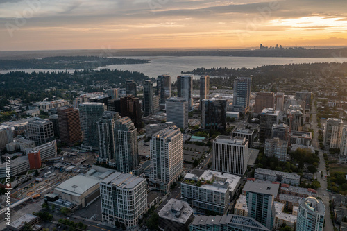 The City of Bellevue in Washington State Sunset With Dowtown Highrise in View from Above Drone Aerial Shot