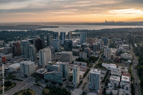 The City of Bellevue in Washington State Sunset With Dowtown Highrise in View from Above Drone Aerial Shot photo