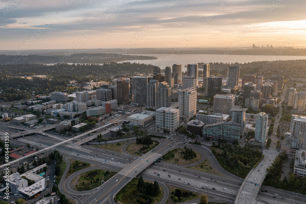 The City of Bellevue in Washington State Sunset With Dowtown Highrise in View from Above Drone Aerial Shot The City of Bellevue in Washington State Sunset With Dowtown Highrise in View from Above Drone Aerial Shot