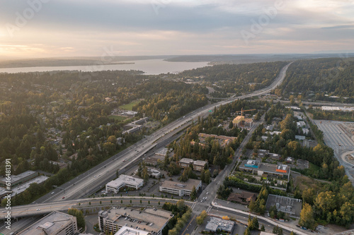 The City of Bellevue in Washington State Sunset With Dowtown Highrise in View from Above Drone Aerial Shot © adonis_abril
