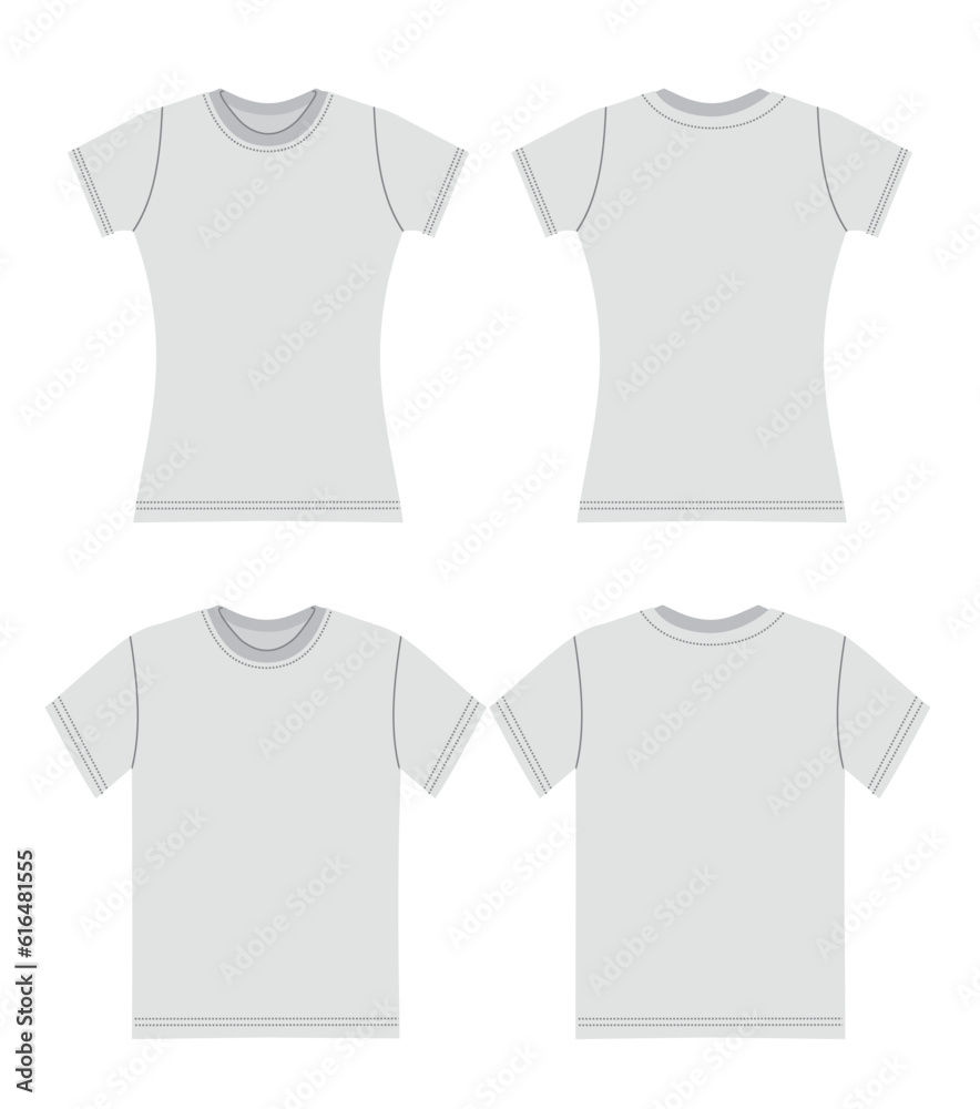 Front and back view of a men s and women s T-shirt. Blank t-shirt template. Front and back mockup Front and back view of a men s and women s T-shirt. Blank t-shirt template. Front and back mockup