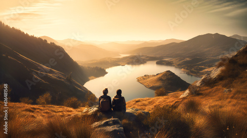 two people on a hill overlooking a lake and mountains